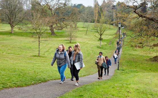 Students walking through the park next to campus